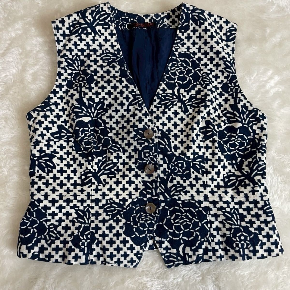 美品◇SHIOTANI◇レトロモダン◇藍染風花柄ベスト◇ヴィンテージ
