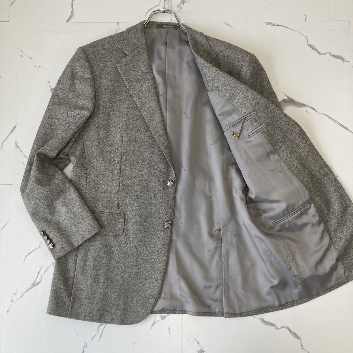 未使用級◎稀少XL◎アクアスキュータム『漂う英国調』Aquascutum テーラードジャケット メタルボタン ツイード グレー ストレッチ AB6位 50