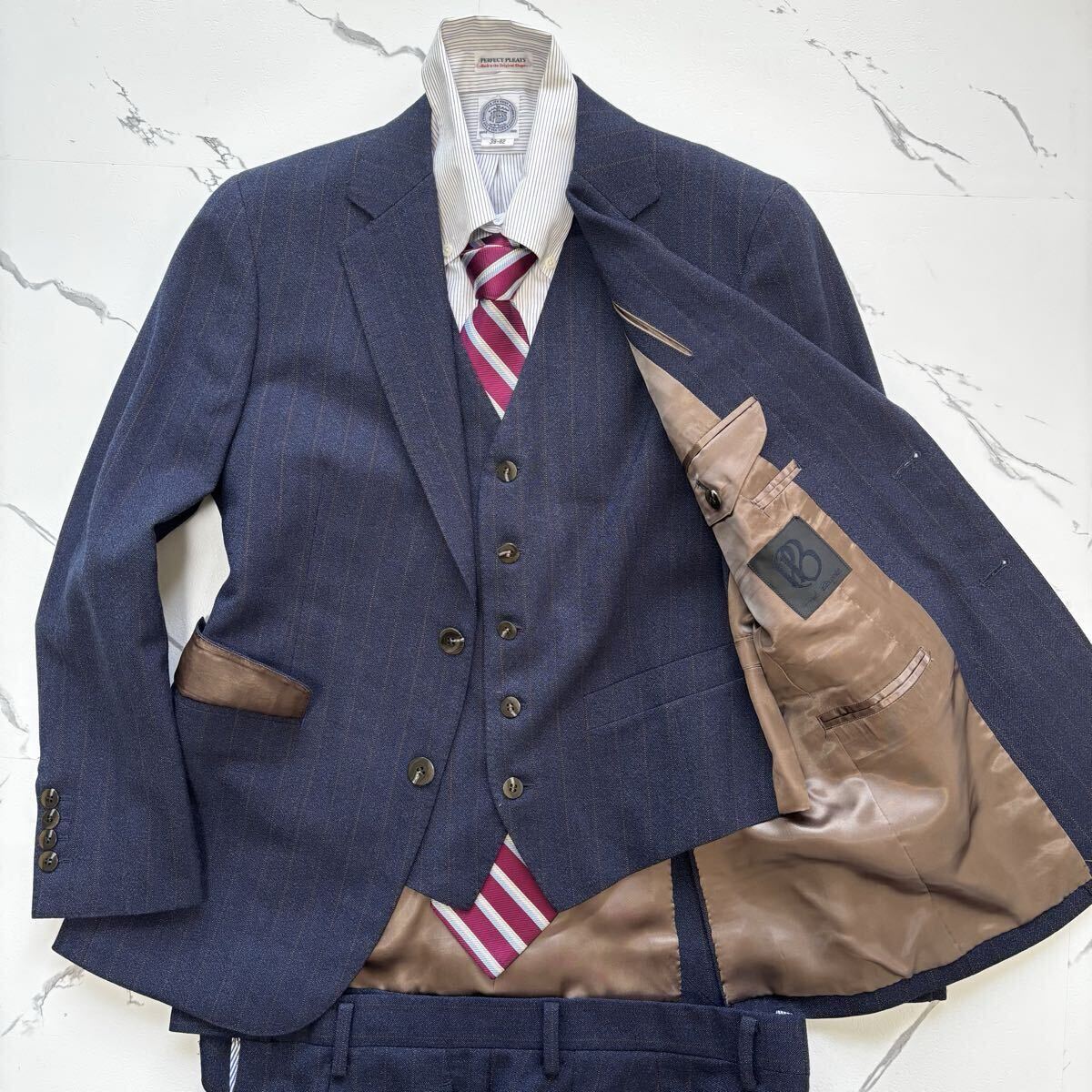 未使用◎現行◎エルメネジルドゼニア『極上スリーピース』Ermenegildo Zegna スーツ セットアップ ネイビー デニム調 ストライプ S〜XS相当