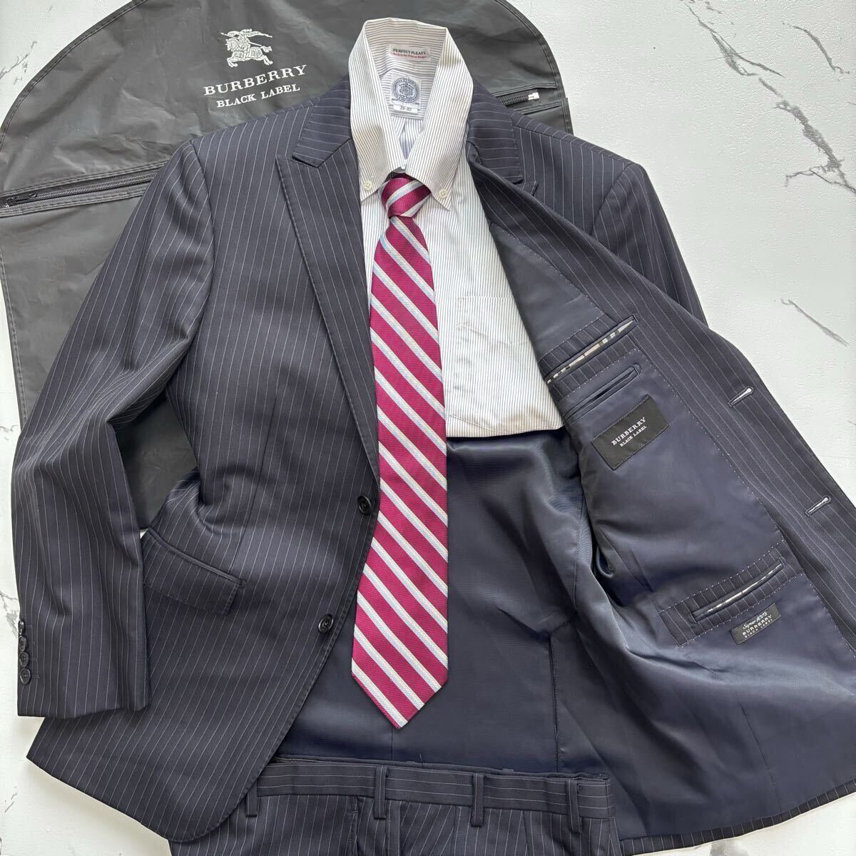 未使用級◎バーバリーブラックレーベル BURBERRY BLACK LABEL スーツ セットアップ ネイビー ストライプ super100's 38L M相当 ジャケット