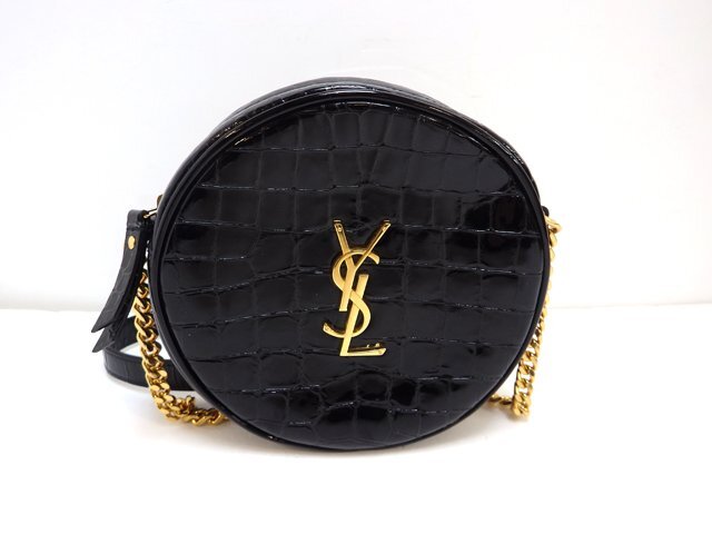 YVESSAINTLAURENT イヴサンローラン PTR629458.0720 丸型 ラウンド ポシェット チェーン ショルダーバッグ パテントレザー 型押し ブラック