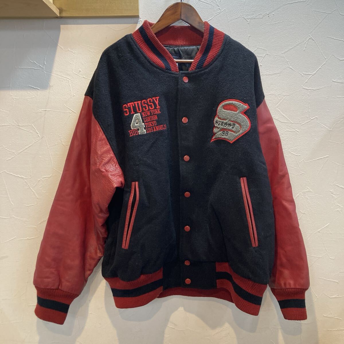 90s USA製　OLD STUSSY BIG4 スタジャン　長袖　 ジャケット　古着　袖レザー　Mサイズ　【15466】（5）