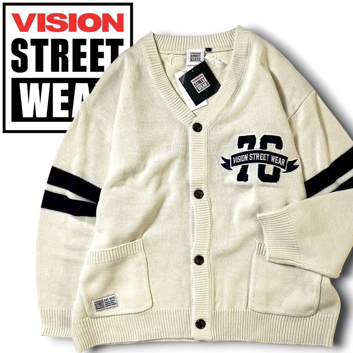 新品 VISION STREET WEAR ヴィジョンストリートウェア タケオキクチ別注 ニット カーディガン 2905025-101 L 春秋冬 アイボリー NR-25