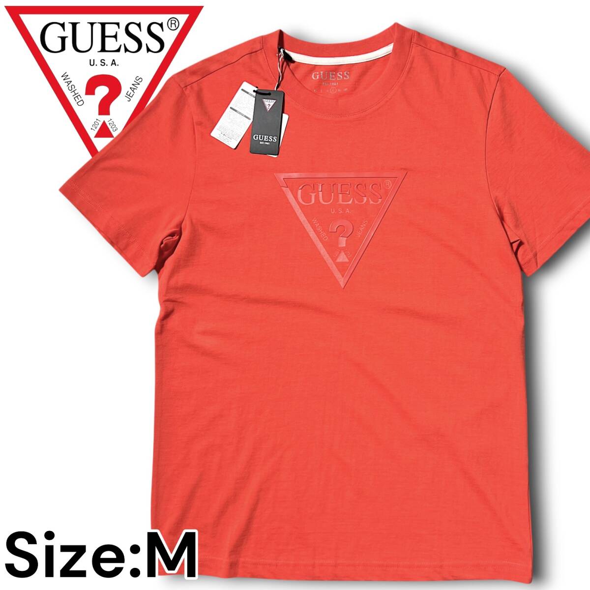 新品 GUESS ゲス ビッグロゴ プリント コットン100％ コットンジャージー 速乾 半袖 トップス Tシャツ MM2K6424 M 春夏 オレンジ系 NR-122