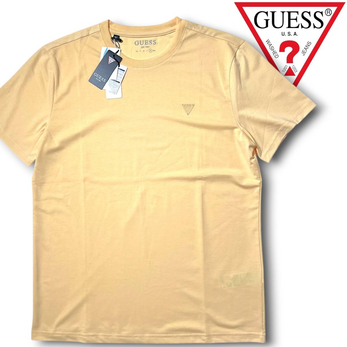新品 GUESS ゲス 通気性 吸汗速乾 立体パーツ ストレッチ コットン 半袖 トップス Tシャツ MM2K6420 XL メンズ ライトオレンジ系 NR-160