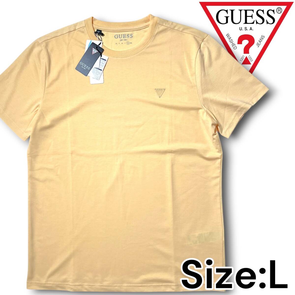 新品 GUESS ゲス 通気性 吸汗速乾 ロゴ 立体パーツ ストレッチ コットン 半袖 トップス Tシャツ MM2K6420 L メンズ ライトオレンジ NR-159