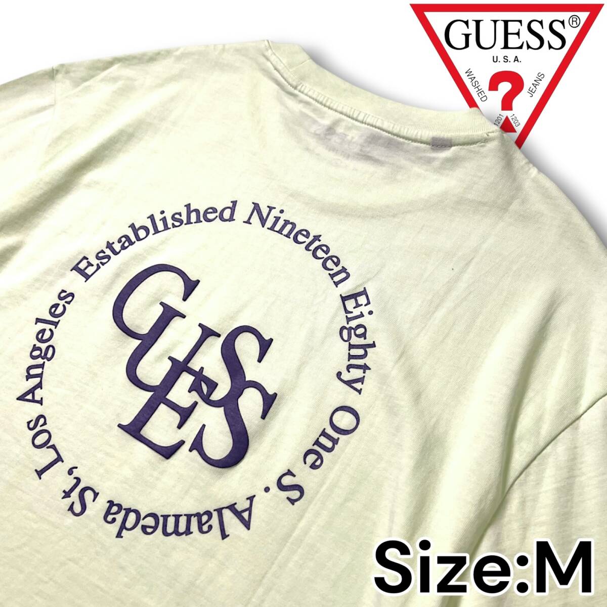新品 GUESS ゲス ロゴ サークルロゴ バックプリント コットン 速乾 クルーネック 半袖 トップス Tシャツ MM2K7606 M メンズ レモン NR-158
