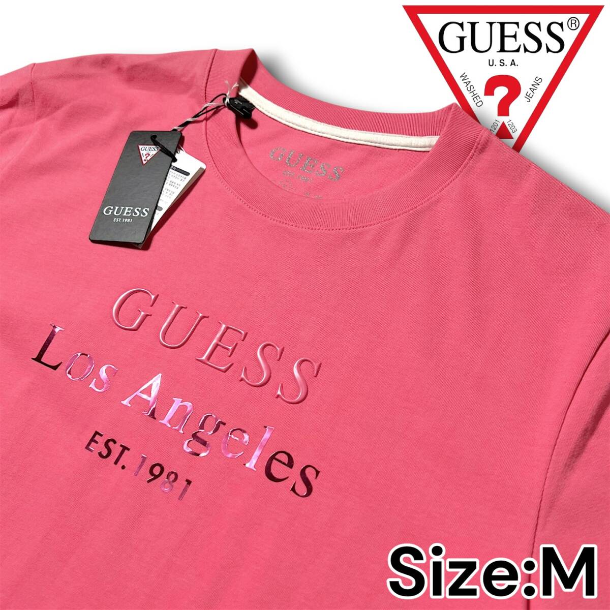 新品 GUESS ゲス 立体ロゴ クルーネック 吸水 透湿性 コットン ストレッチ 半袖 トップス Tシャツ MM2K6427 M 春夏 ピンク系 NR-94