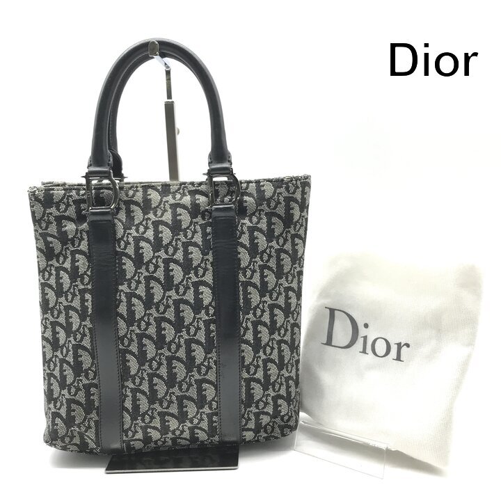 良品 Christian Dior ディオール トロッター キャンバス レザー シルバー金具 ハンド トート バッグ ブラック レディース k6700