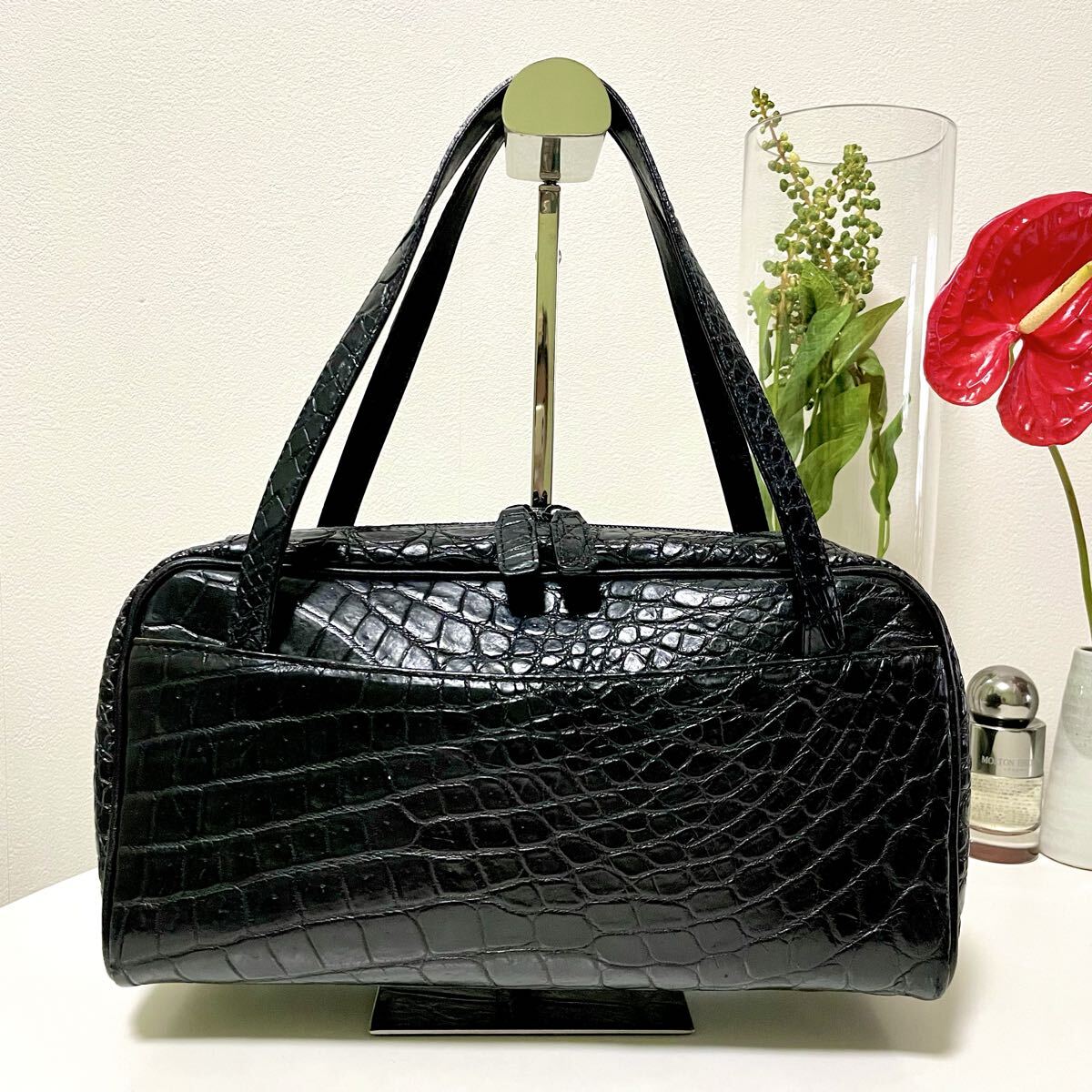 定価40万【極美品】クロコダイル ボーリングバッグ ミニボストン ショルダー 肩掛け 黒 レディース y2k リアルクロコ Crocodile 本革 わに
