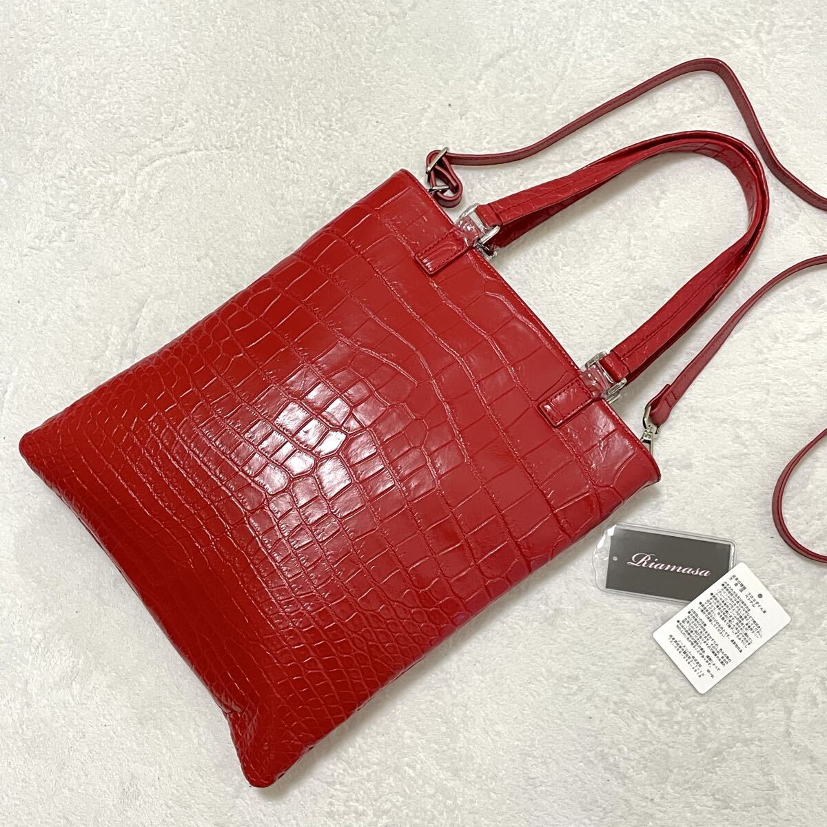 定価40万【未使用品】クロコダイル 2way ショルダーバッグ トートバッグ 赤 レディース センター取り A4可能 crocodile 本革 リアルクロコ