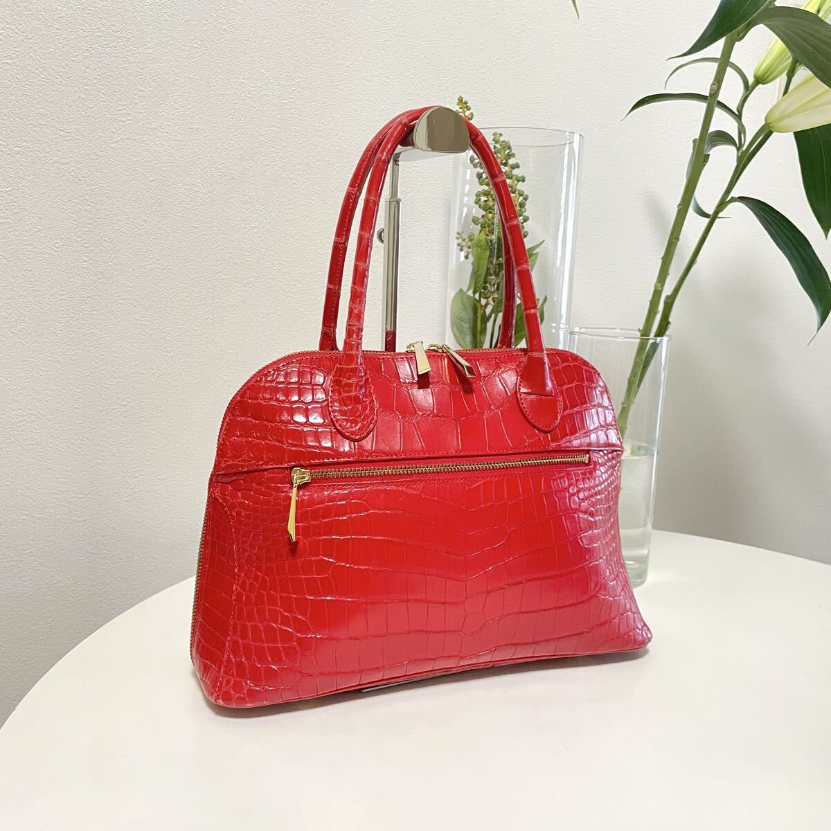 定価40万/美品【JRA認証】クロコダイル ハンドバッグ レッド レディース ゴールド金具 センター取り crocodile 本革 リアルクロコ かばん