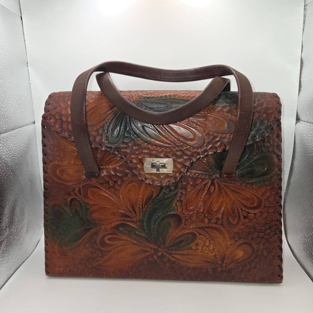 現状品　ヴィンテージ 本革 カービング ハンドバッグ メキシカンレザー 彫刻 花柄 手彫り ブラウン　多数傷・スレ・汚れ有　B296