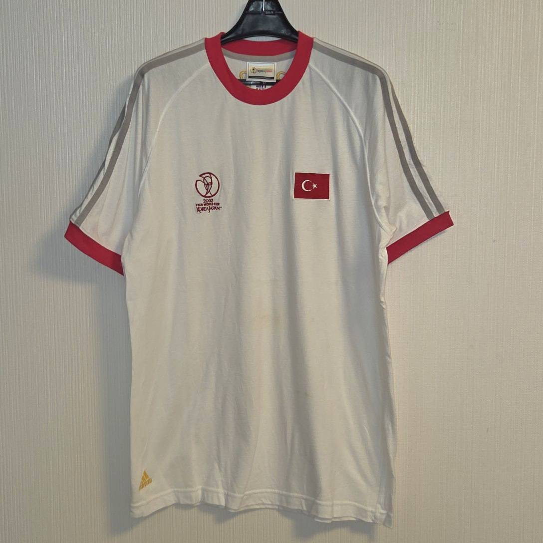 現状品　00s adidas アディダス 2002 FIFA 日韓W杯 トルコ代表 リンガーTシャツ ホワイト/レッド　M相当　シミ有　B306