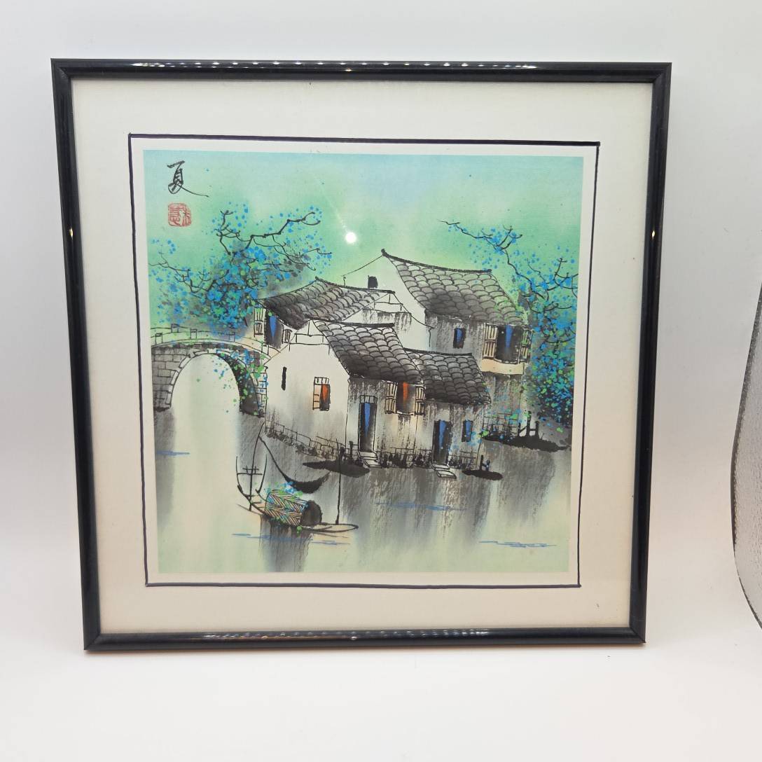 現状品　中国画 水彩画 風景画 「夏」落款・印あり 水郷 蘇州 江南 風景 額装 美術品 経年保管に伴うスレ、小傷、裏面の劣化等有　B350