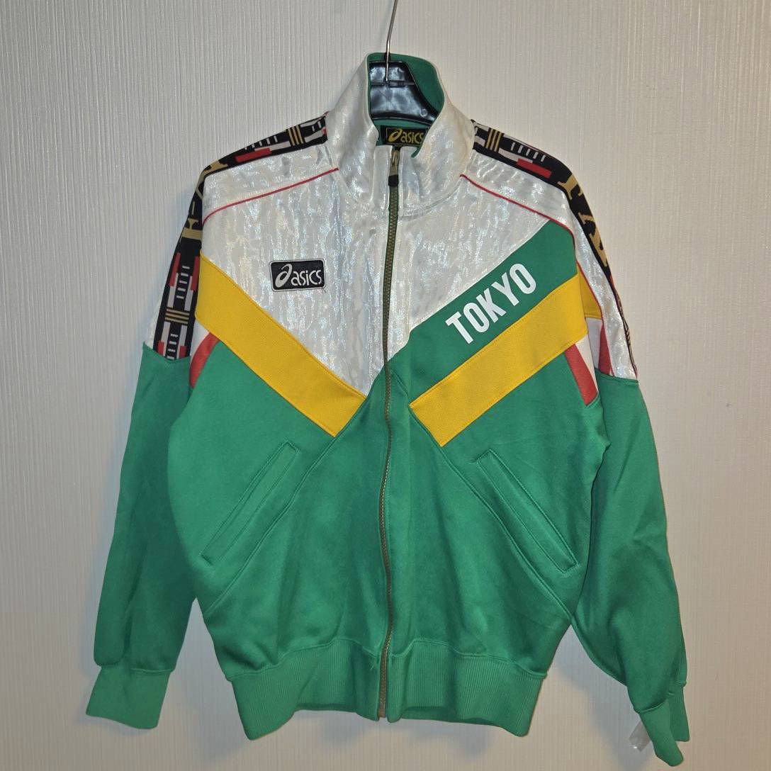 90s 希少 asics アシックス ジャージ 上下セットアップ TOKYOロゴ グリーン ホワイト 日本製 当時物　シミ有現状品　上下サイズL　B412