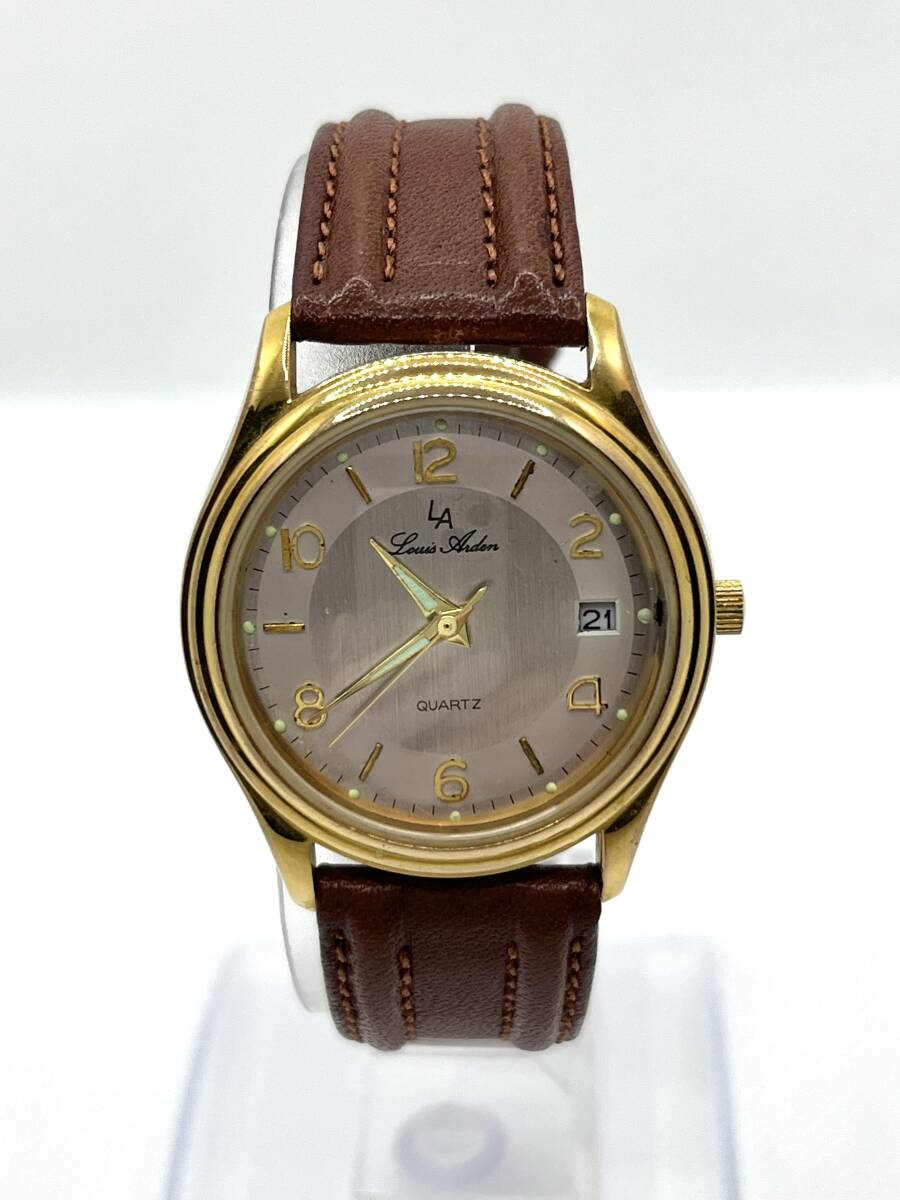 稼働品 Louis Arden ルイアルデン クォーツ 腕時計 デイト 18K-GP 金メッキ 本革ベルト ゴールド調
