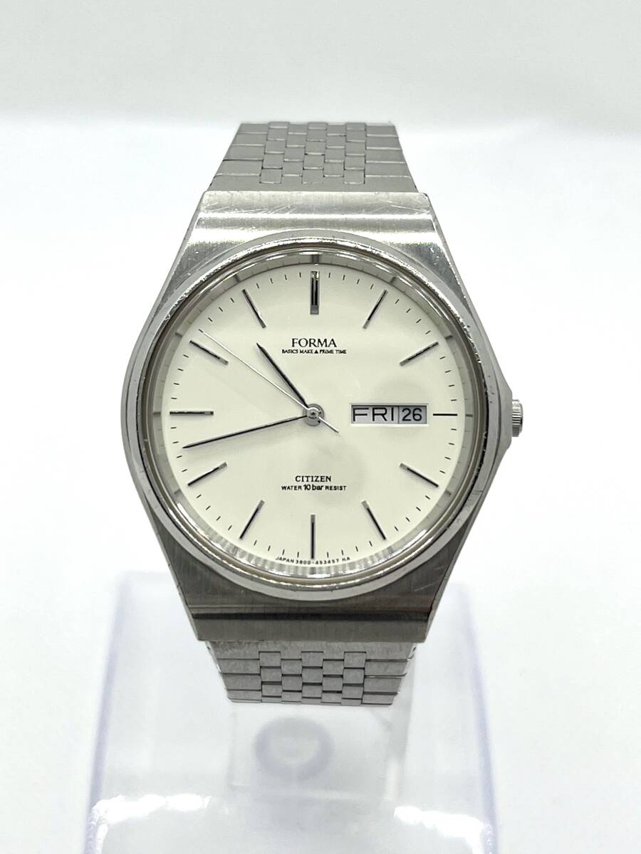 稼働品 シチズン フォルマ クォーツ デイデイト 白文字盤 メンズ 腕時計 3800-451759 CITIZEN FORMA WATER RESIST 純正ベルト