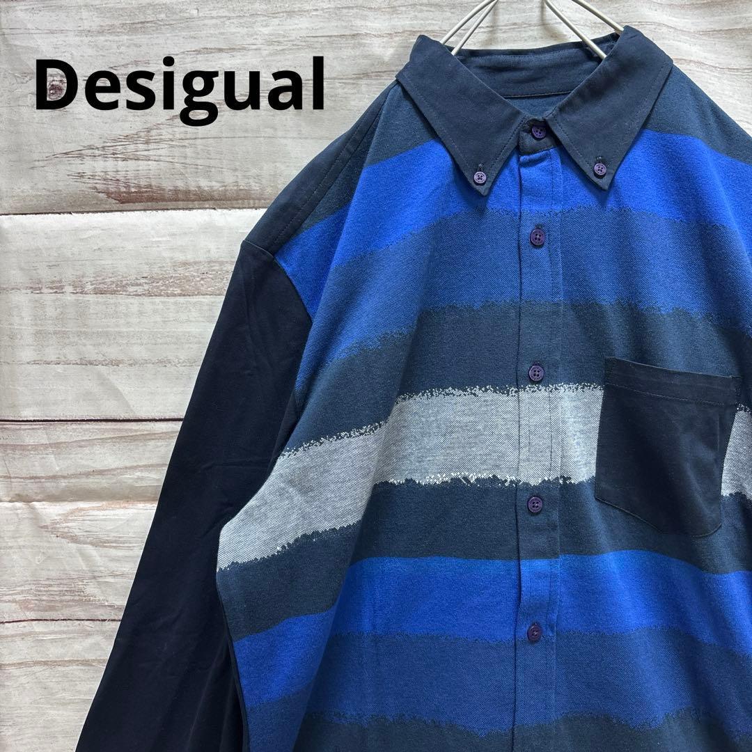 新品 Desigual ボーダー柄シャツ 青 紺色 ボタンダウン XL タグ付き