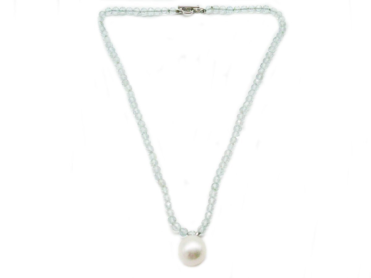 □Tiffany＆Co. ティファニー 750 パールトップ ネックレス アクアマリンビーズ レディース アクセサリー 総重量13.3ｇ ヴィンテージ□/F
