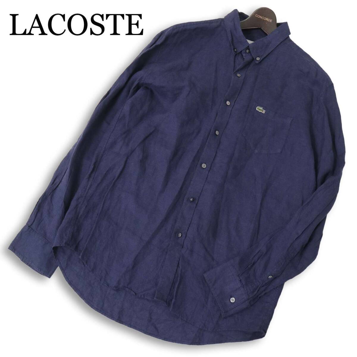 LACOSTE ラコステ 春夏 ワニ ロゴ刺繍★ リネン 長袖 ボタンダウン シャツ Sz.40 メンズ 紺