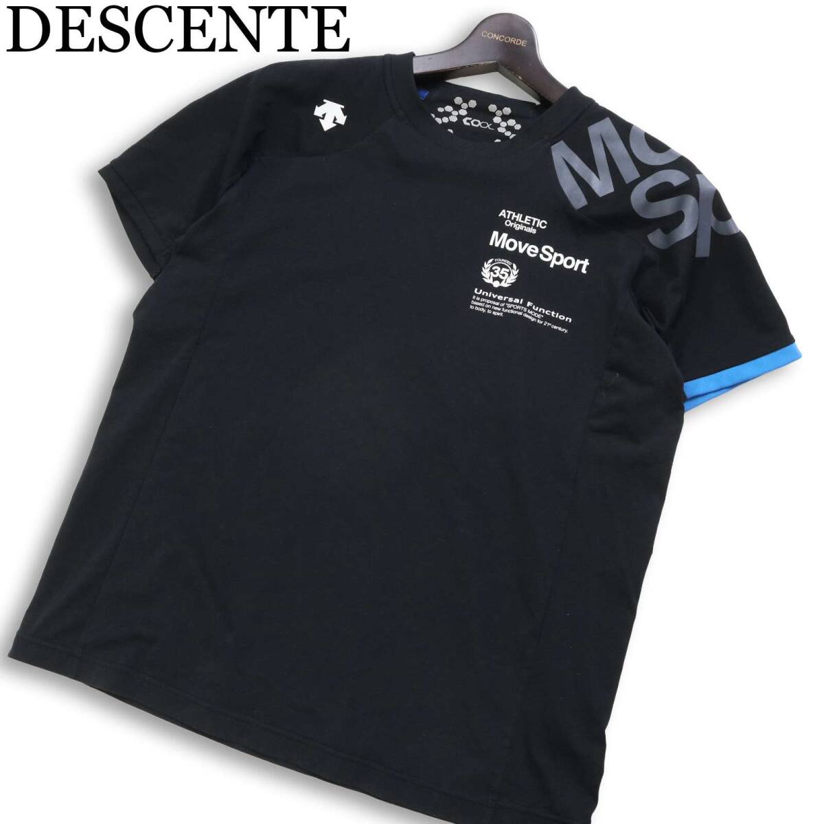DESCENTE デサント Move Sport 春夏 接触冷感★ 半袖 ロゴプリント リブ切替 Tシャツ カットソー Sz.L メンズ 黒