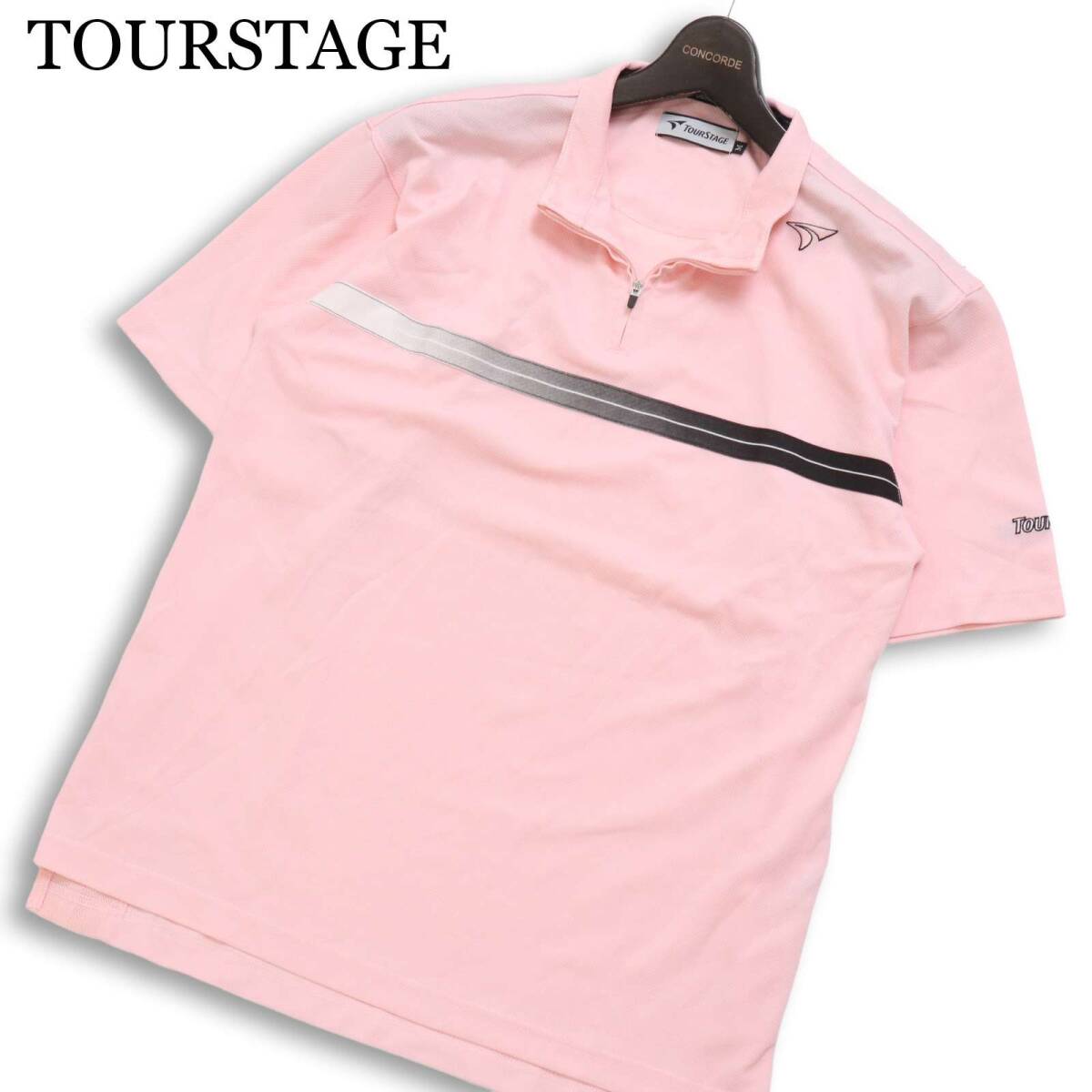 TOURSTAGE ツアーステージ ゴルフ 春夏★ 半袖 鹿の子 ロゴ刺繍 ハーフジップ ポロシャツ 日本製 Sz.M メンズ ピンク