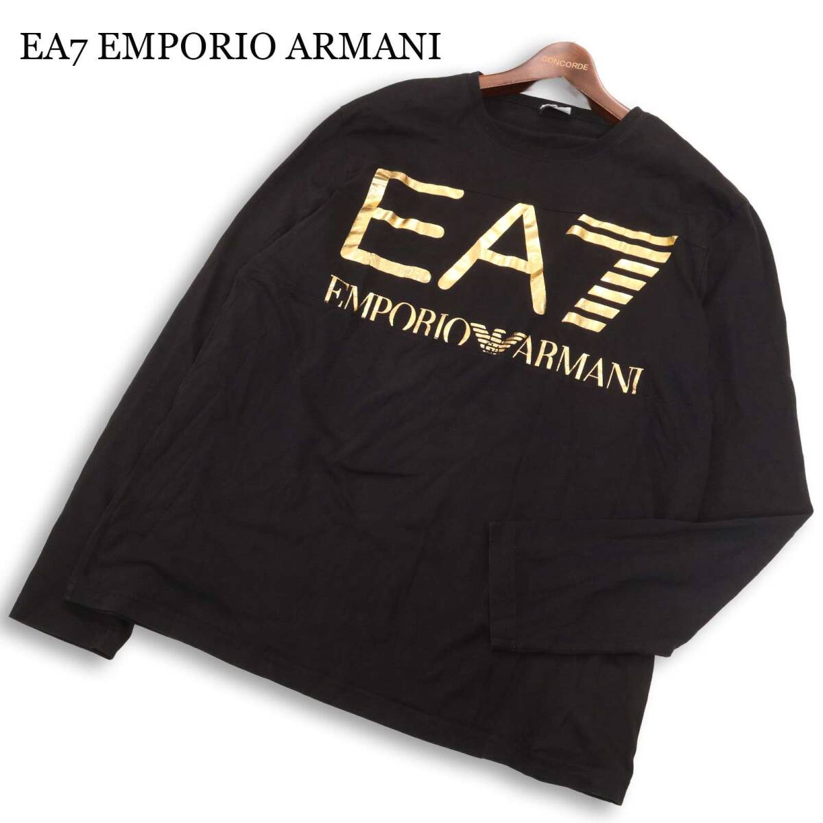 EA7 EMPORIO ARMANI エンポリオ アルマーニ 長袖 ロゴ 箔プリント ロンTシャツ カットソー 大きいサイズ Sz.3XL メンズ 黒