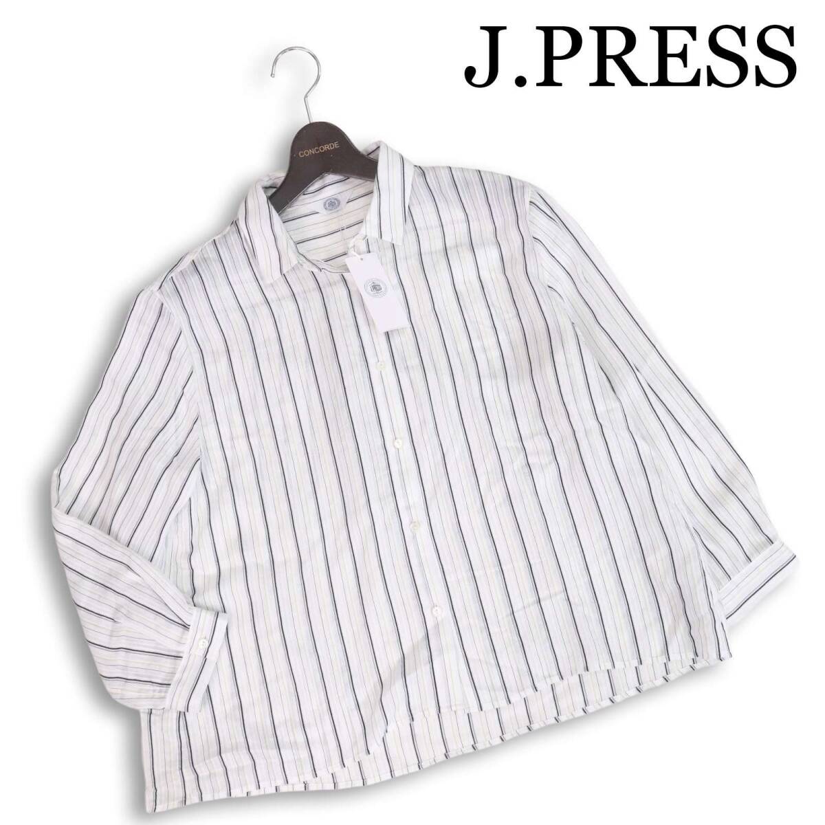 【新品 未使用】 J.PRESS ジェイプレス 春夏★ レーヨン 長袖 シースルー ストライプ シャツ ブラウス Sz.L レディース