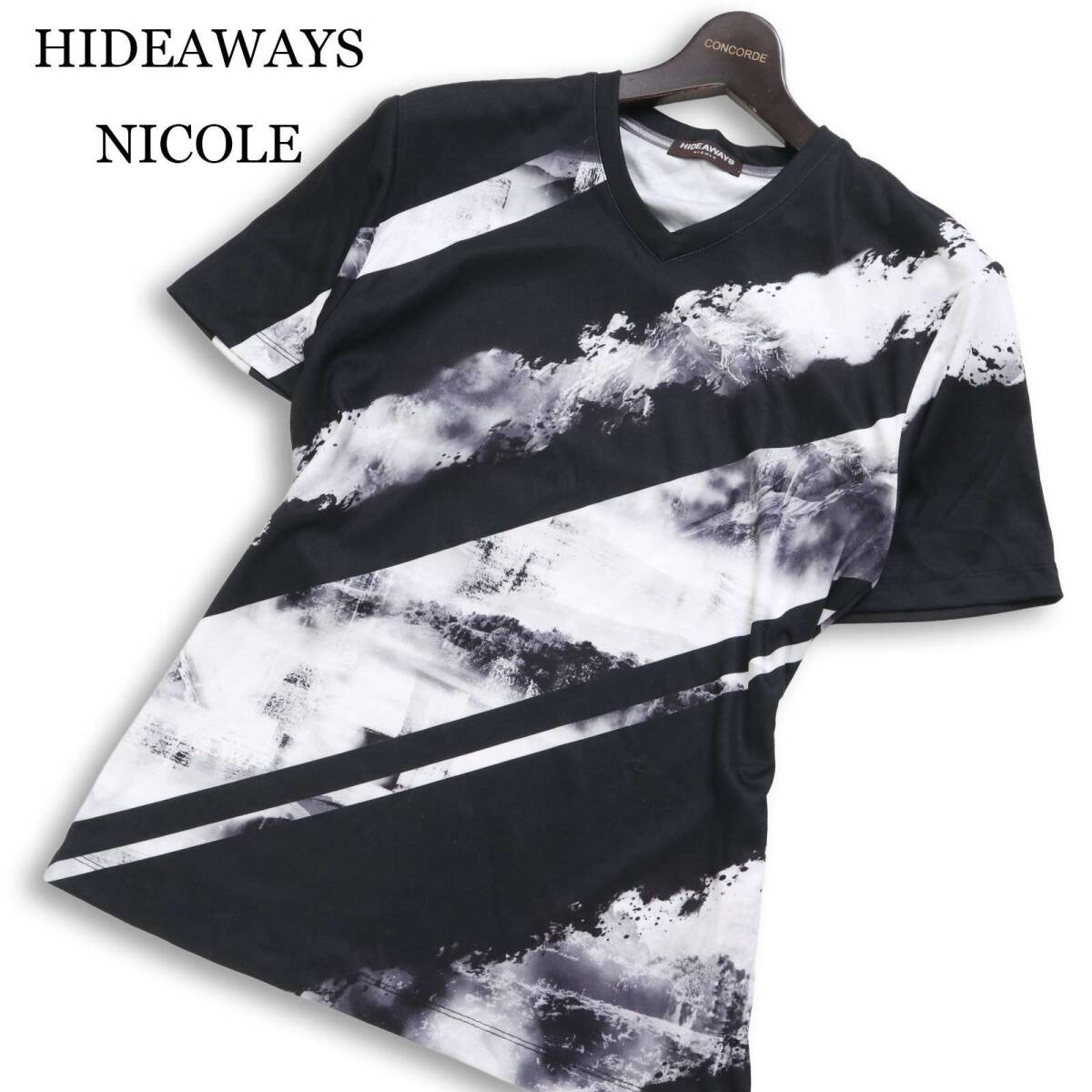 24SS★ HIDEAWAYS NICOLE ハイダウェイ ニコル 春夏★ 【フォトラインアラカルトVネック半袖Ｔシャツ】 Sz.46 メンズ 黒
