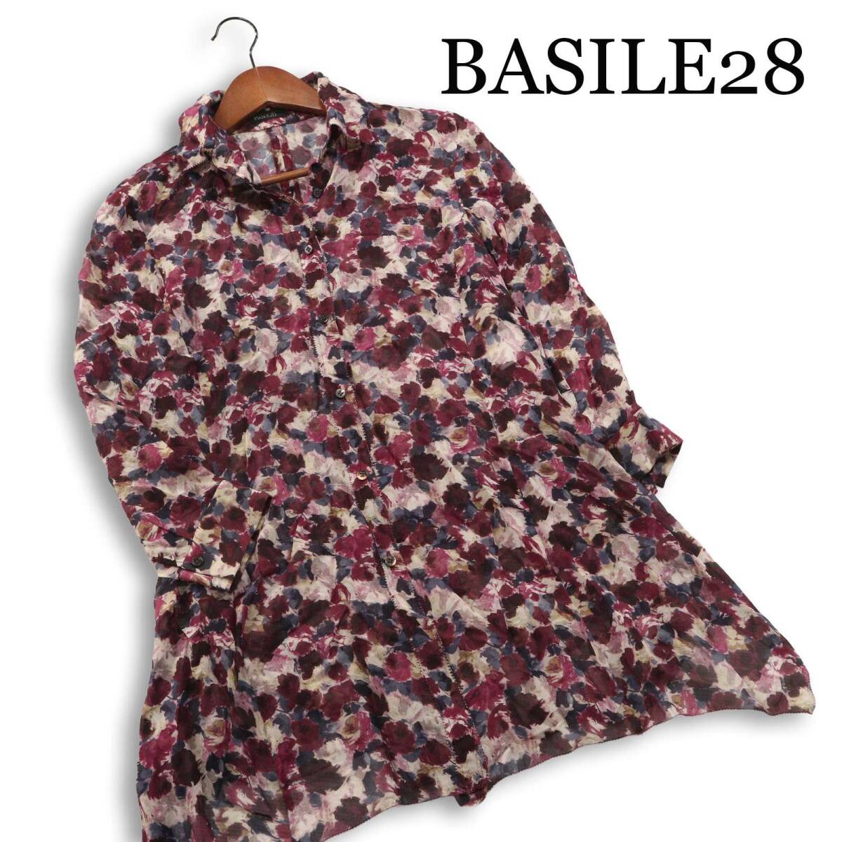 BASILE28 バジーレ28 春夏★ シルク 長袖 シフォン 花柄 総柄 ブラウス チュニック 日本製 Sz.40 レディース