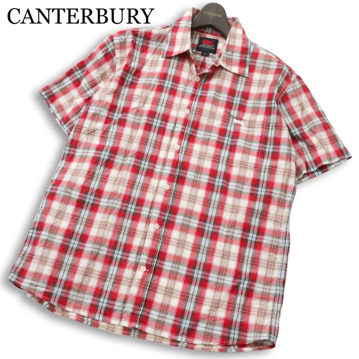 CANTERBURY カンタベリー ラグビー 春夏★ 半袖 チェック ロゴ刺繍 シャツ 大きいサイズ Sz.XL メンズ