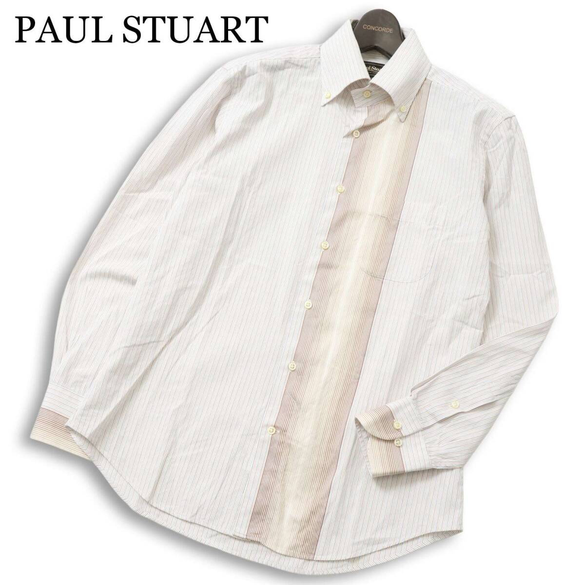 PAUL STUART ポール・スチュアート 通年★ 長袖 イタリア製生地使用 ストライプ 切替 ボタンダウン シャツ Sz.M メンズ