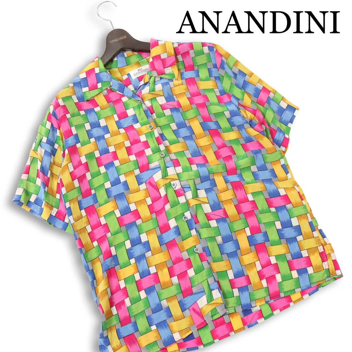 ANANDINI アナンディーニ 春夏★ シルク 半袖 総柄 ビッグシルエット 格子柄 シャツ Sz.F レディース