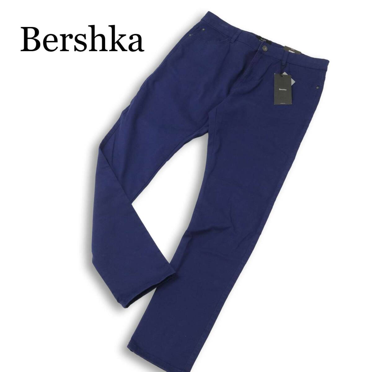 【新品 未使用】 Bershka ベルシュカ 通年★ ストレッチ ツイル スキニー パンツ Sz.32 メンズ 紺 ネイビー