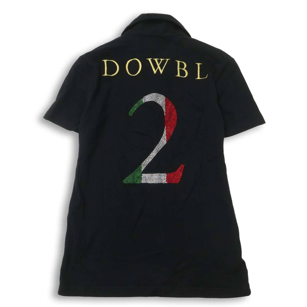 DOWBL ダブル 春夏★ 半袖 ロゴ刺繍 ラインストーン スリム ナンバリング ポロシャツ Sz.42 メンズ 黒