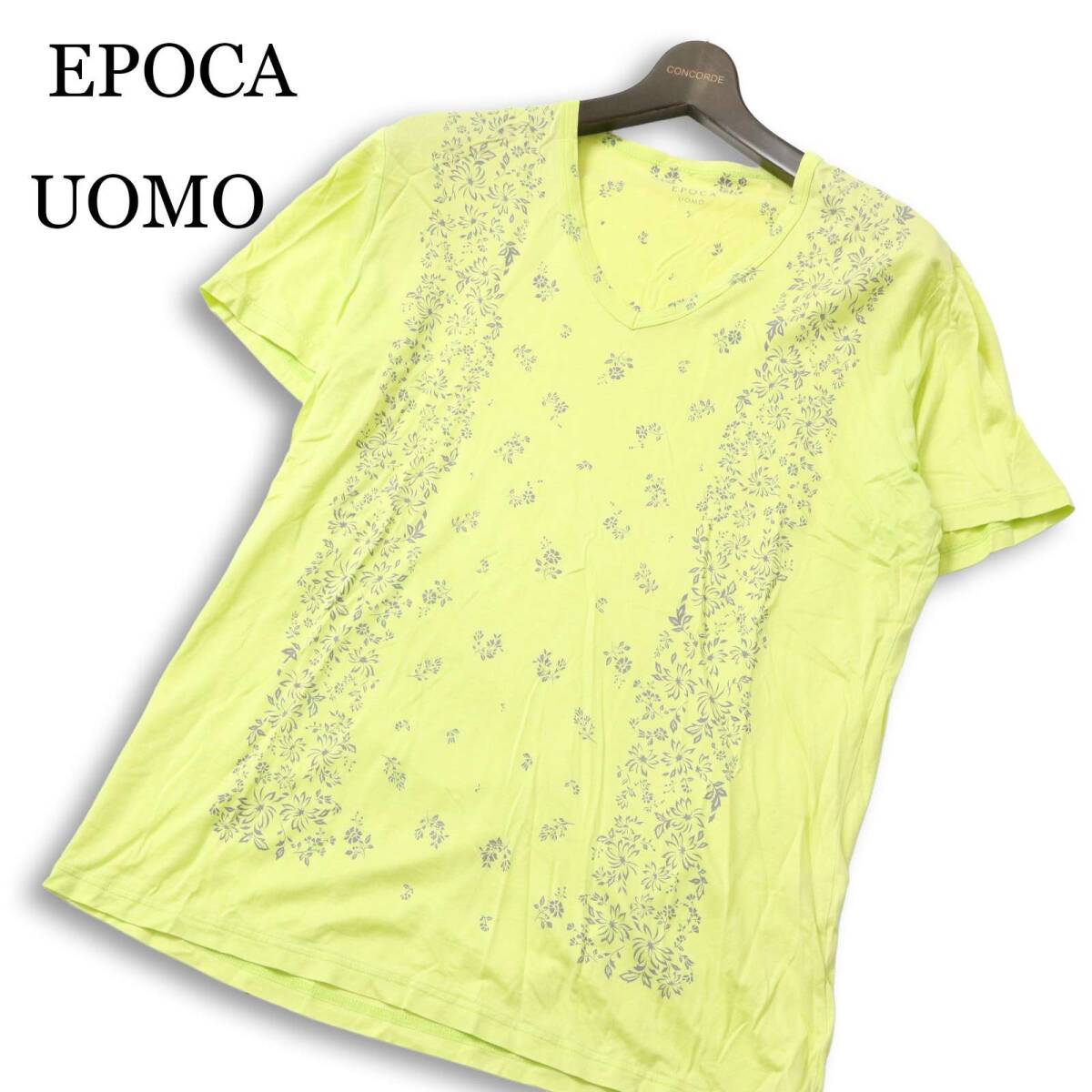 EPOCA UOMO エポカ ウォモ 春夏★ リヨセル 半袖 花柄 高級 Tシャツ Vネック カットソー 日本製 Sz.48 メンズ 黄色系