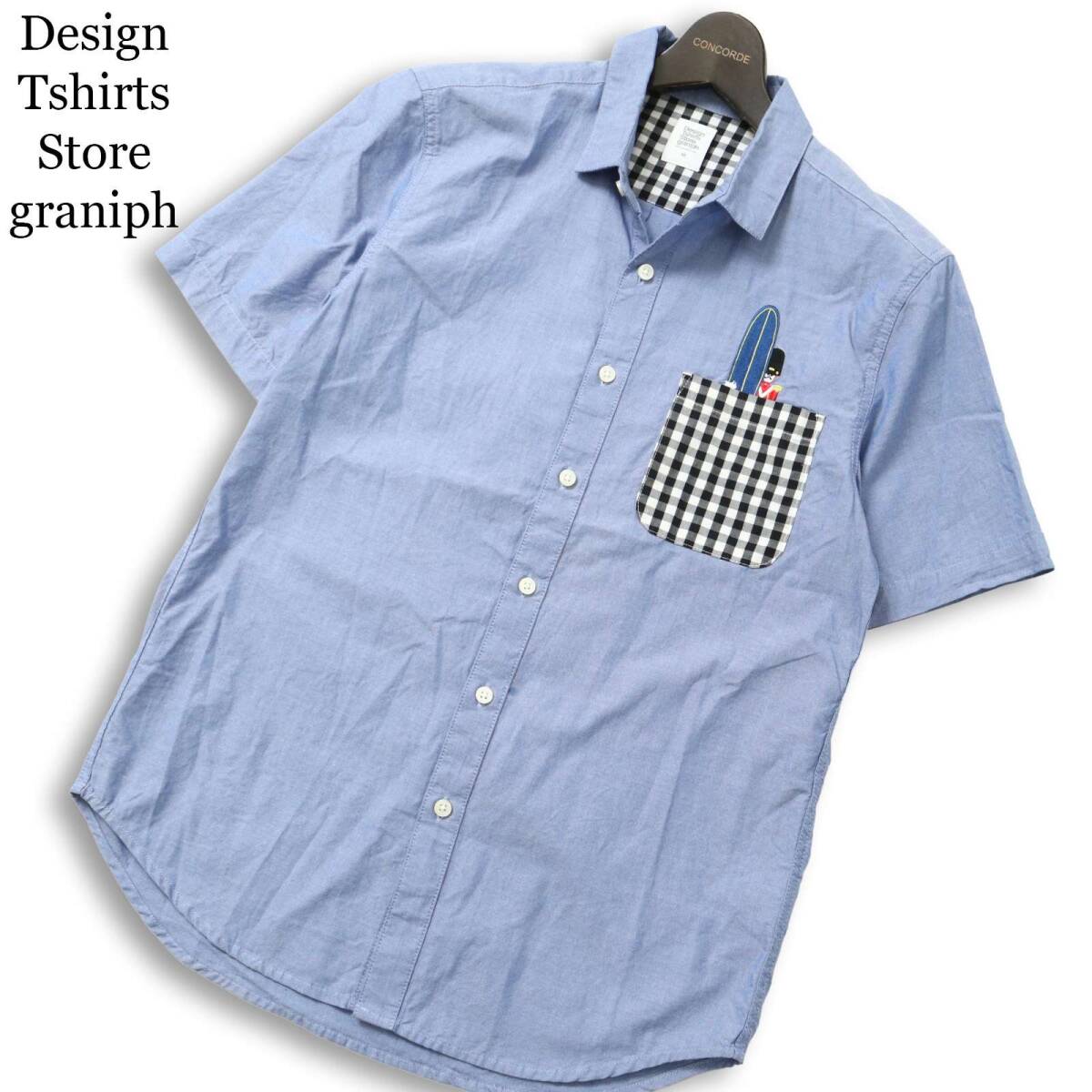 Design Tshirts Store graniph グラニフ 春夏 イギリス英国衛兵刺繍★ 半袖 刺繍 切替 ギンガムチェック シャツ Sz.M メンズ