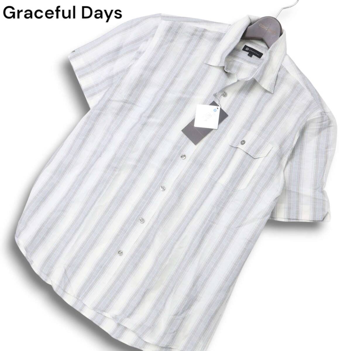 【新品 未使用】 Graceful Days グレイスフルデイズ 春夏★ 麻 リネン ストライプ 半袖 ワーク シャツ Sz.L メンズ