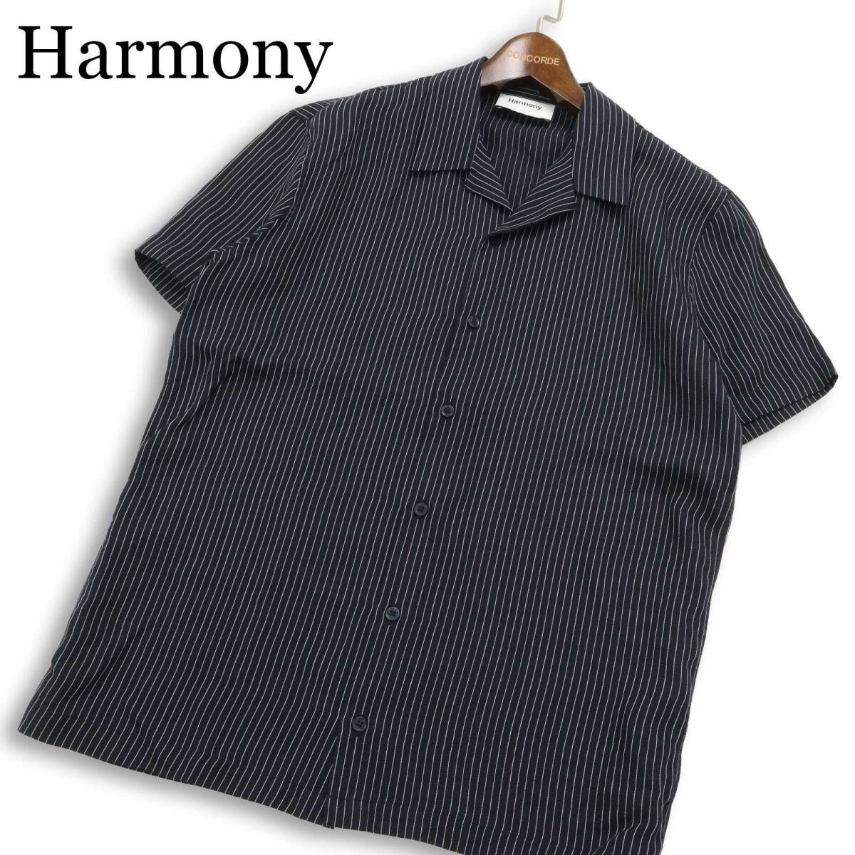 【美品】HARMONY ハーモニー 春夏★ 麻 リネン混 半袖 ストライプ オープンカラー シャツ Sz.S メンズ ネイビー