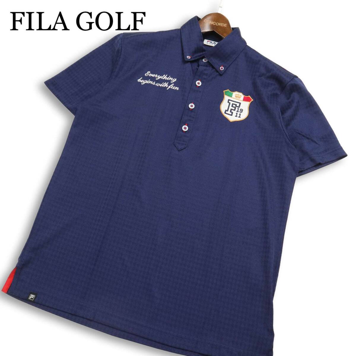 FILA GOLF フィラ ゴルフ 春夏★ 半袖 ワッペン 刺繍 ダイヤ 総柄 ポロシャツ Sz.M メンズ 紺 ネイビー
