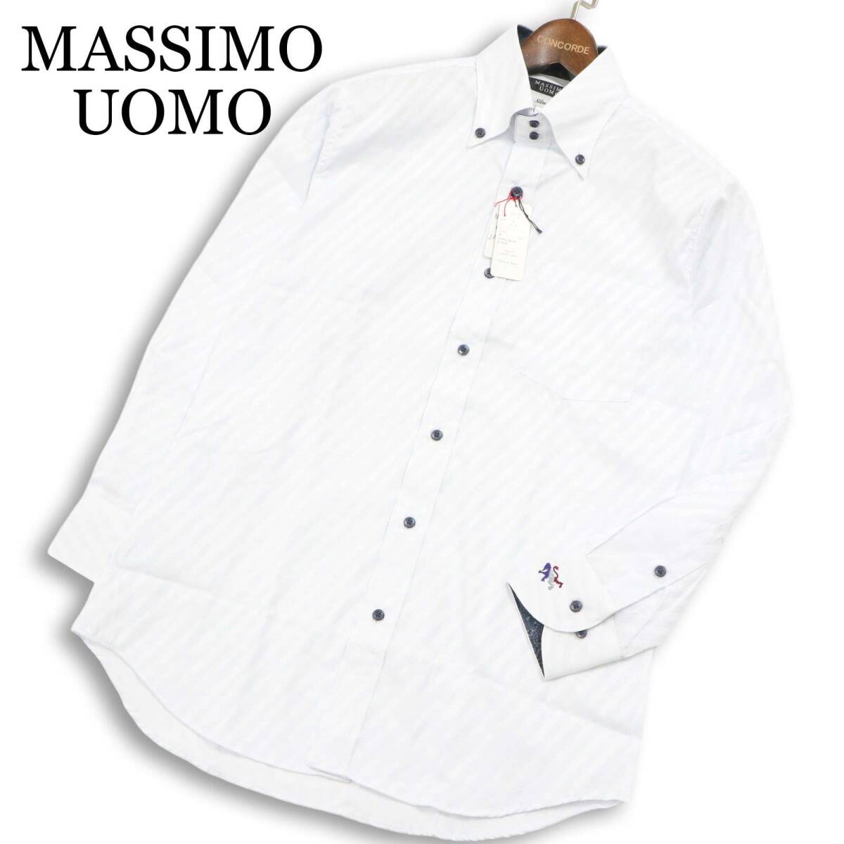 【新品 未使用】 MASSIMO UOMO マッシモウォモ 通年★ 長袖 刺繍 ストライプ ボタンダウン シャツ 日本製 Sz.M メンズ