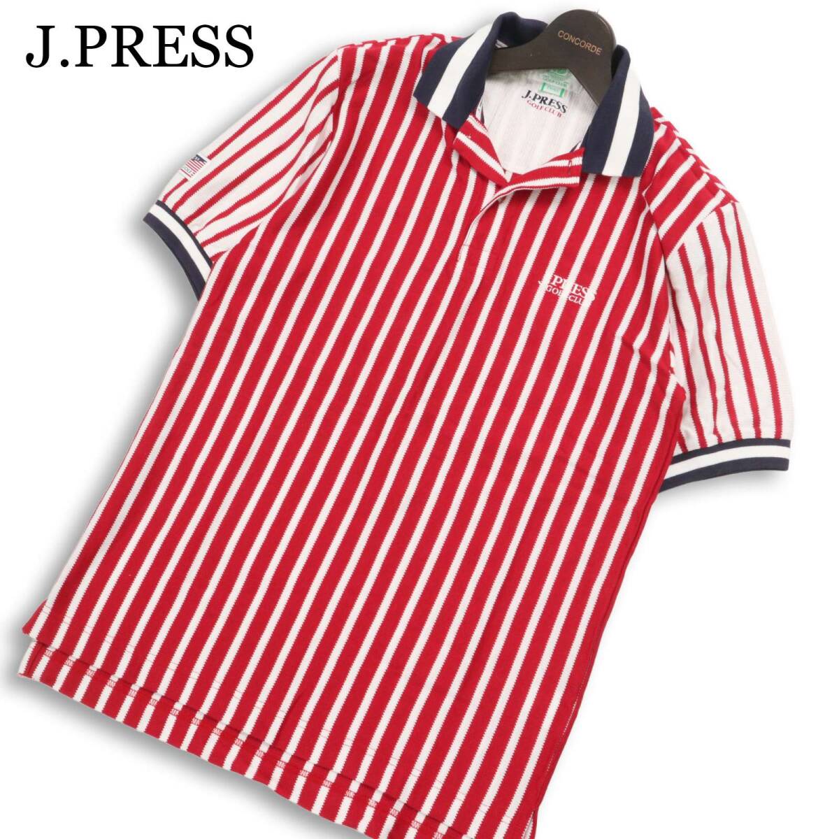 J.PRESS GOLF CLUB ジェイプレス ゴルフ 春夏★ 半袖 切替 ストライプ ロゴ刺繍 ポロシャツ Sz.S メンズ
