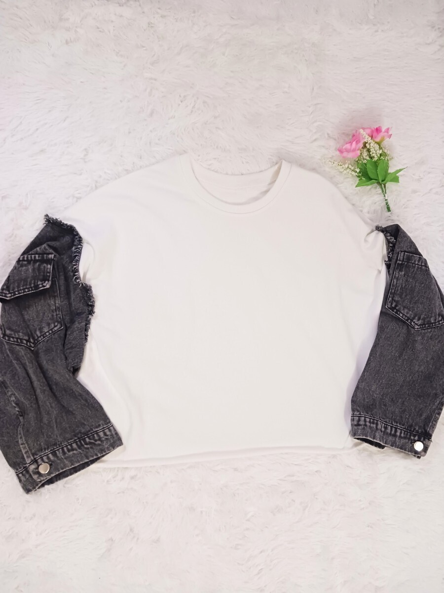 【美品】デニム袖付きホワイトトレーナー　FREEサイズ　COTTON