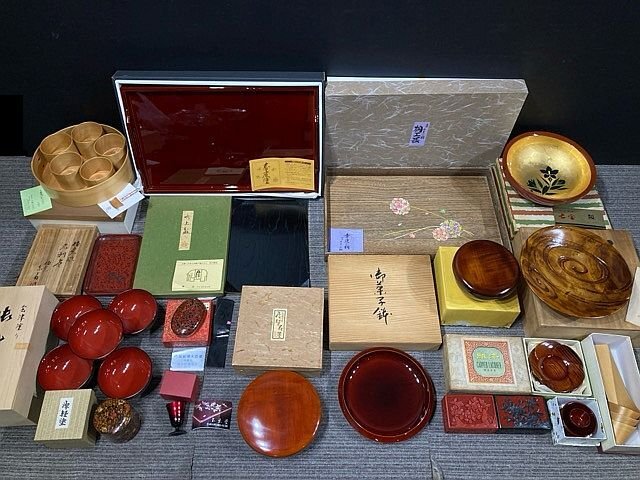 Y5222M 漆器 象彦 飛騨春慶 津軽塗 中国 堆朱 会津塗 曲げわっぱ 木製 お盆 お椀 菓子鉢 茶托 まとめ