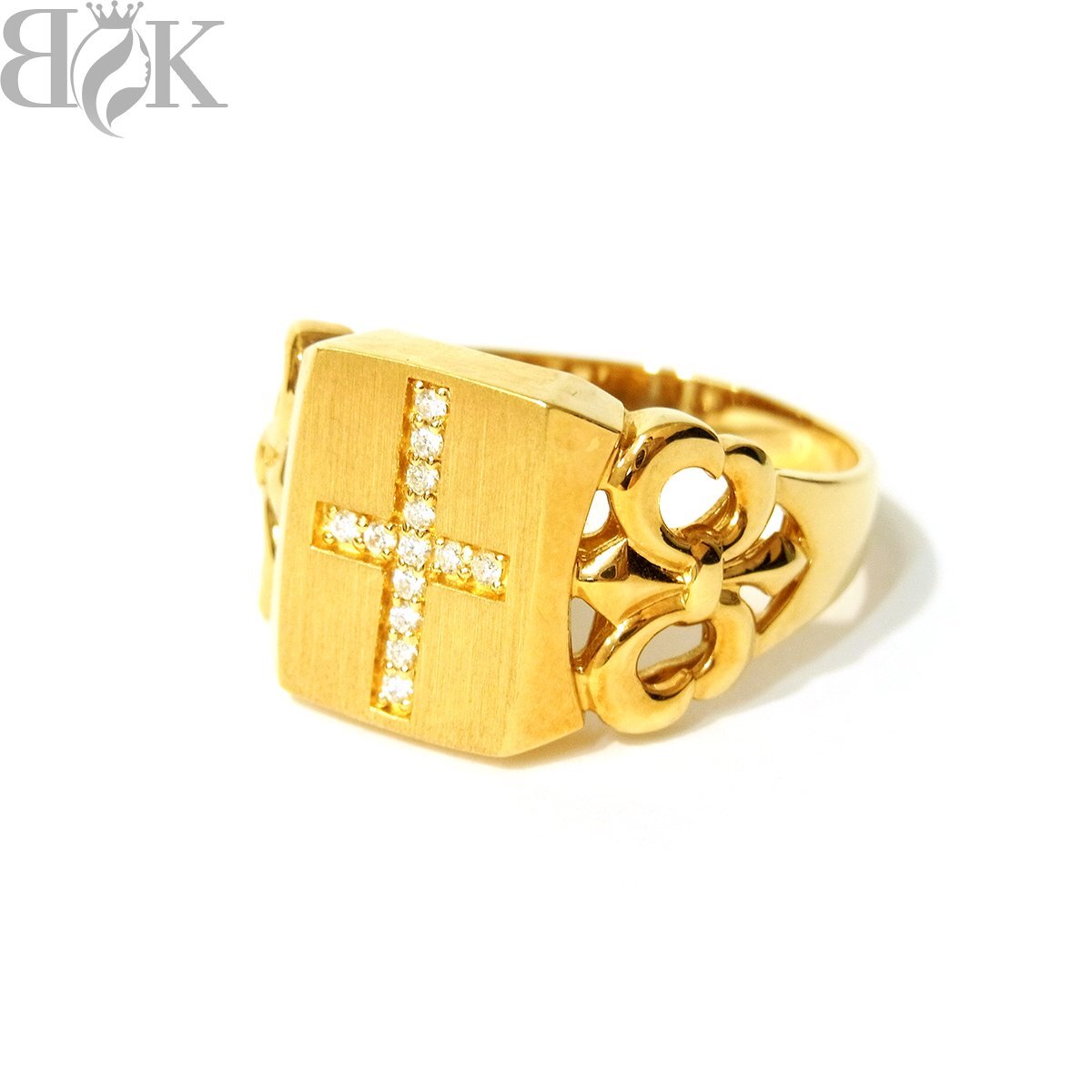 美品 K18 印台風 デザインリング 指輪 ダイヤ 十字架 クロス イエローゴールド 約23号 0.10ct 総重量約7.9g 超音波洗浄済み 〓