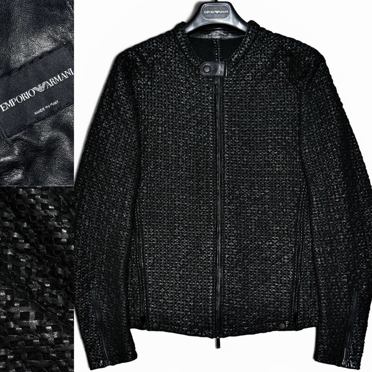 定価30万!!最高級ラムレザーイントレチャート!!EMPORIO ARMANI エンポリオ アルマーニ 編み込み レザージャケット ライダース 羊革 50 黒