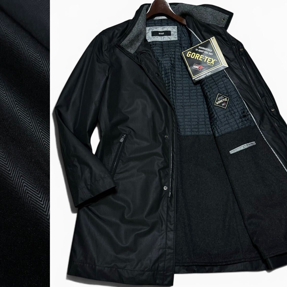 極美品!!最高級の高機能GORE-TEX!!極艶ヘリンボーン HUGO BOSS ヒューゴボス スタンドカラーコート ロング丈 アウター 防水 防風 48(L) 黒