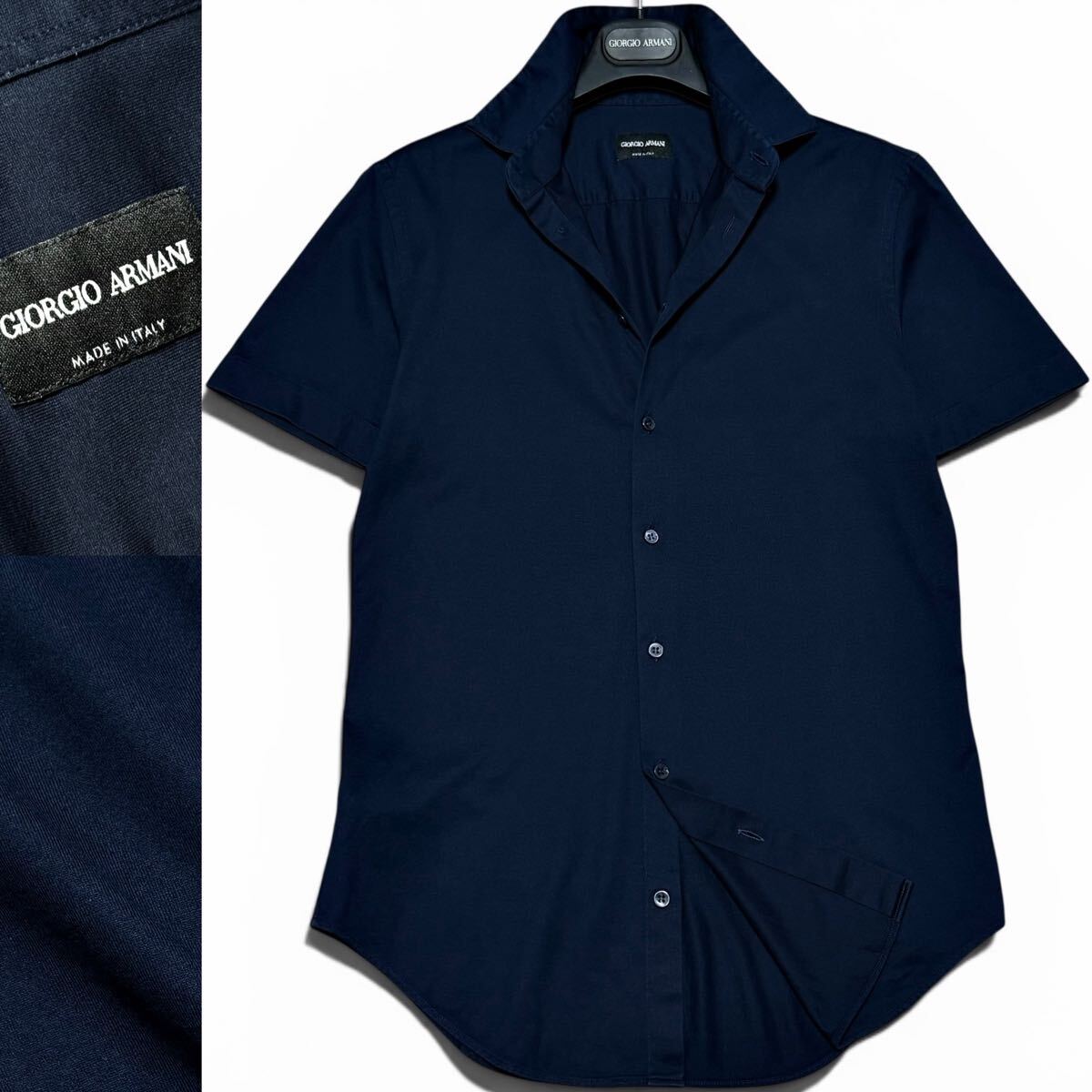 定価10万!!最高峰ストレッチコットンジャージー!!GIORGIO ARMANI ジョルジオアルマーニ ドレスシャツ 半袖 ネイビーブルー 伸縮 39 黒タグ