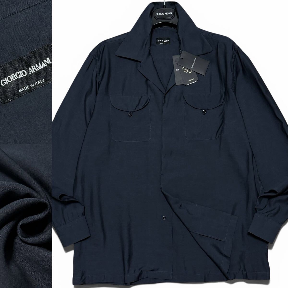 新品!!定価27万!!最高峰シルクブレンド色気の極艶!!GIORGIO ARMANI ジョルジオアルマーニ サファリシャツ ジャケット ネイビー系 40 黒タグ